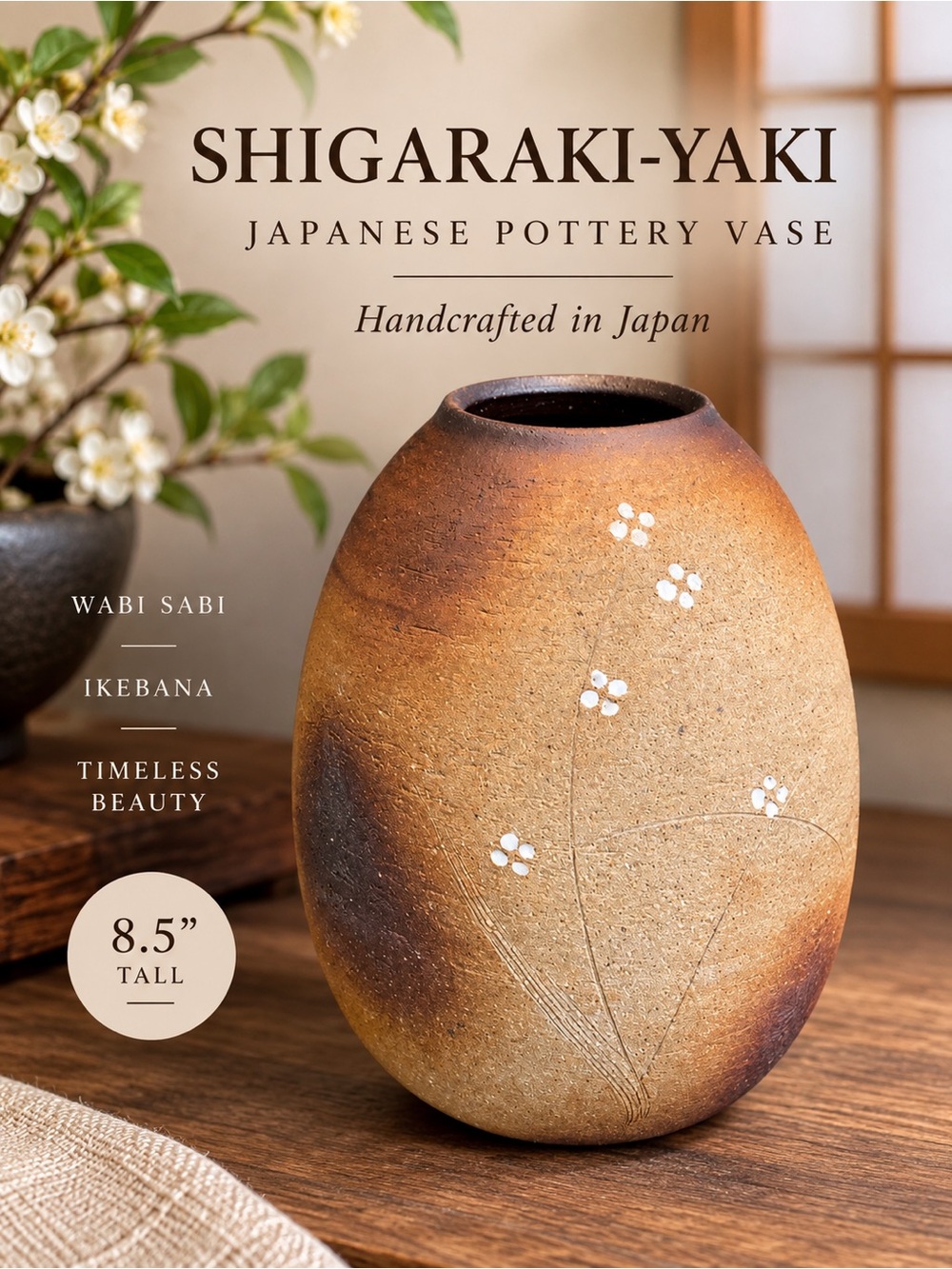 Japanese Shigaraki Yaki Pottery Vase 8.5” Wabi Sabi Ikebana Ceramic Japan